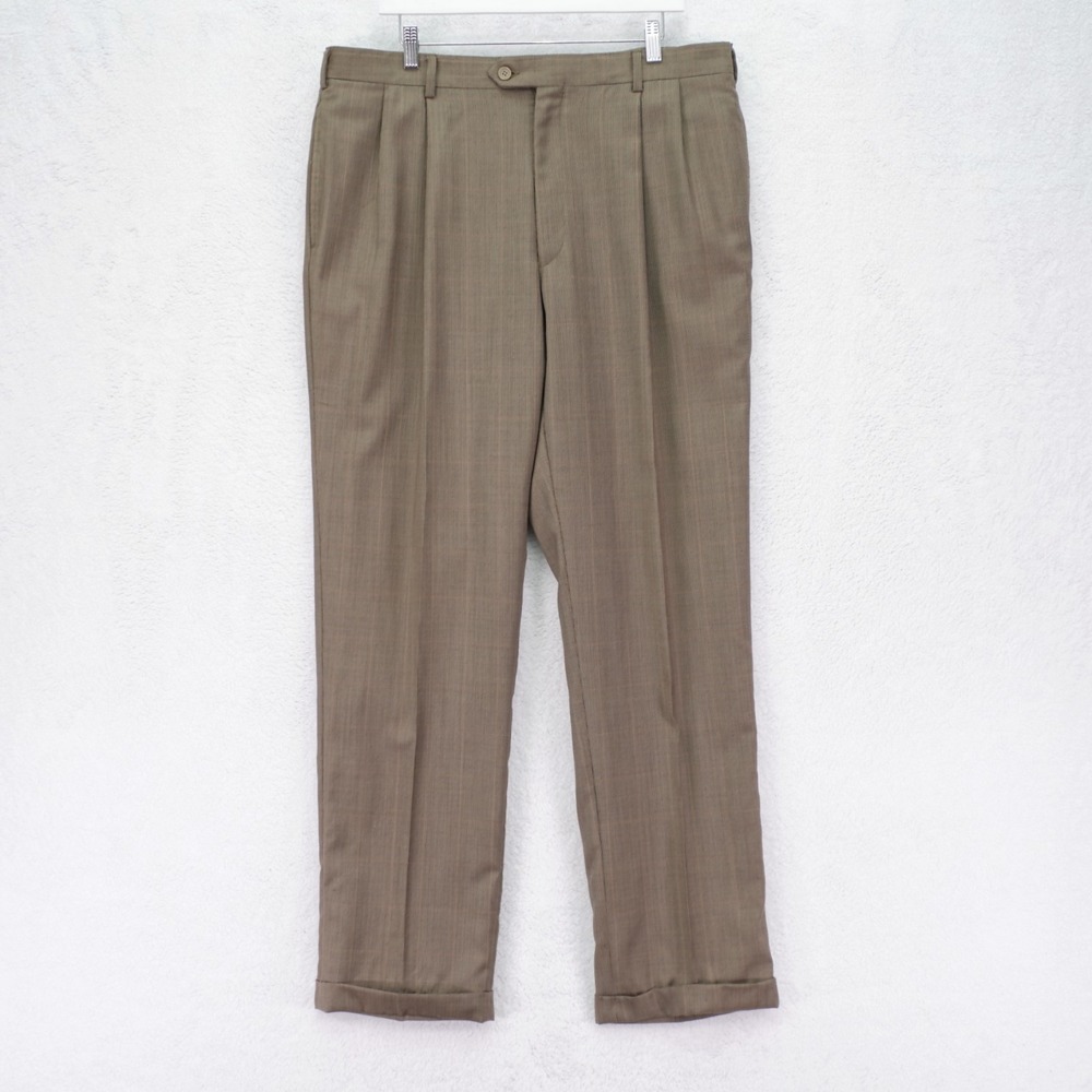 Jos A Bank Wool Dress Pants Trousers Green Beige Check Pleated Cuffed 38 / 34